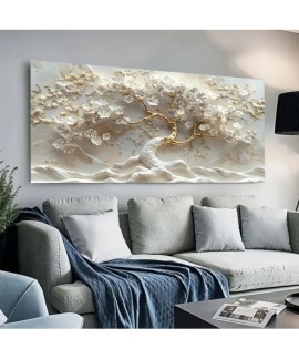 Tableau "Arbre de Vie" Doré et Fleurs Blanches Décoration Murale Moderne Panoramique en Toile
