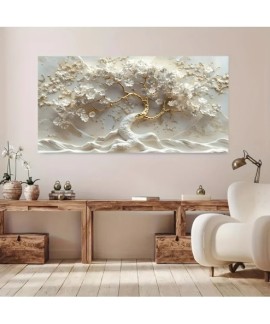 Tableau "Arbre de Vie" Doré et Fleurs Blanches Décoration Murale Moderne Panoramique en Toile