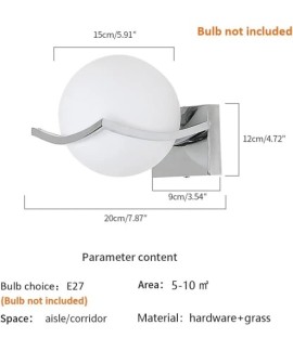 Applique Murale Design "Luna", Globe en Verre Opale et Métal Chrome, Culot E27