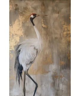 Affiche d'Art Vintage Style Wabi Sabi Grue Japonaise Peinture sur Toile Beige et Or