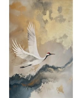 Affiche d'Art Vintage Style Wabi Sabi Grue Japonaise Peinture sur Toile Beige et Or