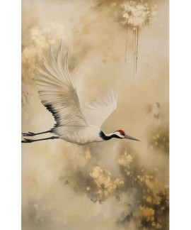 Affiche d'Art Vintage Style Wabi Sabi Grue Japonaise Peinture sur Toile Beige et Or