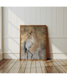 Affiche d'Art Vintage Style Wabi Sabi Grue Japonaise Peinture sur Toile Beige et Or