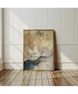 Affiche d'Art Vintage Style Wabi Sabi Grue Japonaise Peinture sur Toile Beige et Or