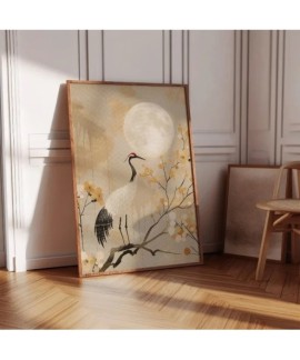 Affiche d'Art Vintage Style Wabi Sabi Grue Japonaise Peinture sur Toile Beige et Or