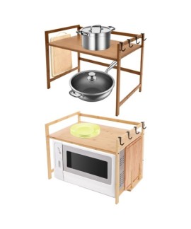 Etagère micro ondes en bambou naturel avec crochets de rangement cuisine