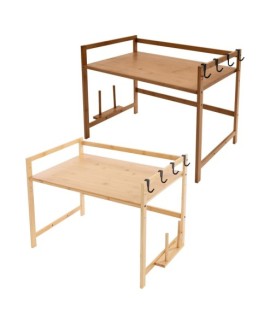 Etagère micro ondes en bambou naturel avec crochets de rangement cuisine