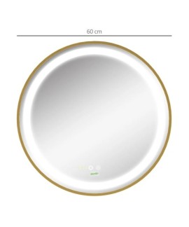 Miroir Mural Rond LED 60 cm avec Cadre Doré et Horloge Intégrée