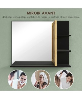Miroir mural noir de salle de bain avec étagères en bambou